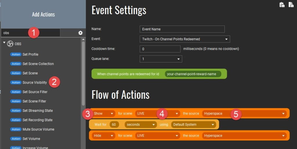 Touch Portal Event Settings - Flow of Actions. 