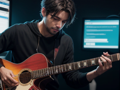 image depicting musician in front of computer screens